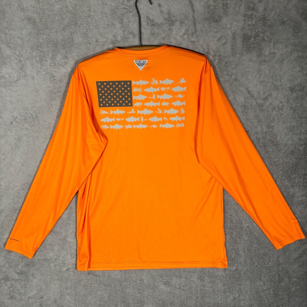 Columbia PFG Mens L Terminal Tackle LS Shirt Orange Fish American Flag FM0260